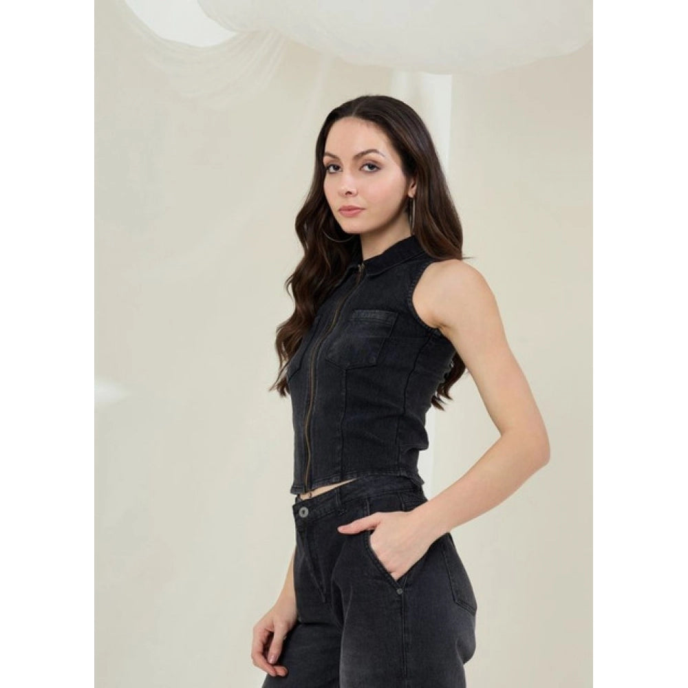Seduva Women's Denim Lycra Solid Sleeveless Top (Black)