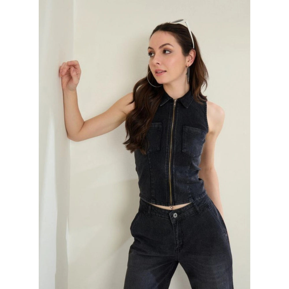 Seduva Women's Denim Lycra Solid Sleeveless Top (Black)