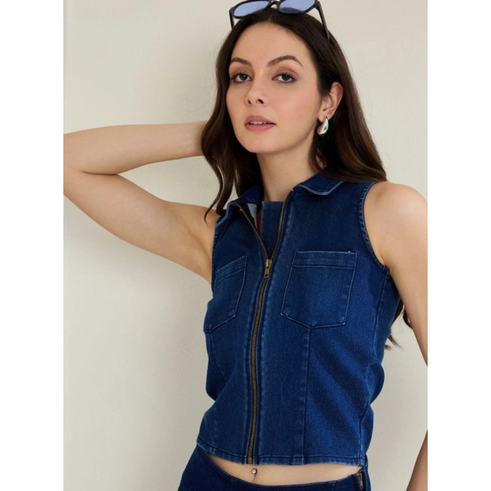 Seduva Women's Denim Lycra Solid Sleeveless Top (Blue)
