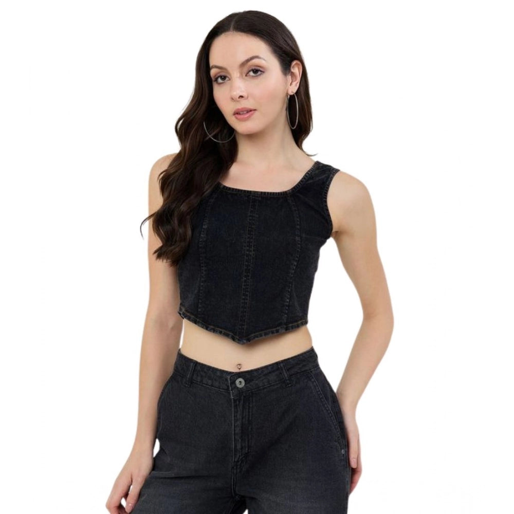 Seduva Women's Denim Lycra Solid Sleeveless Top (Black)