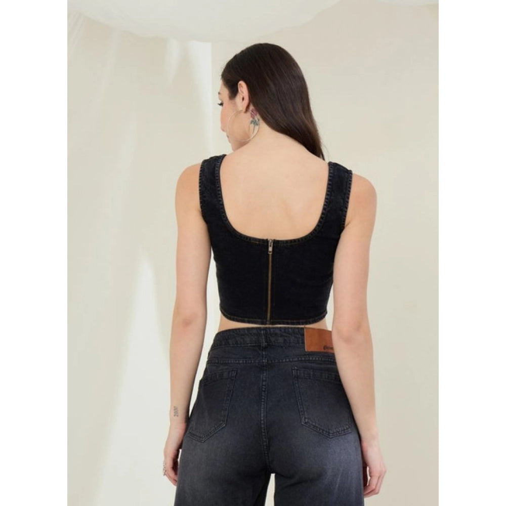 Seduva Women's Denim Lycra Solid Sleeveless Top (Black)