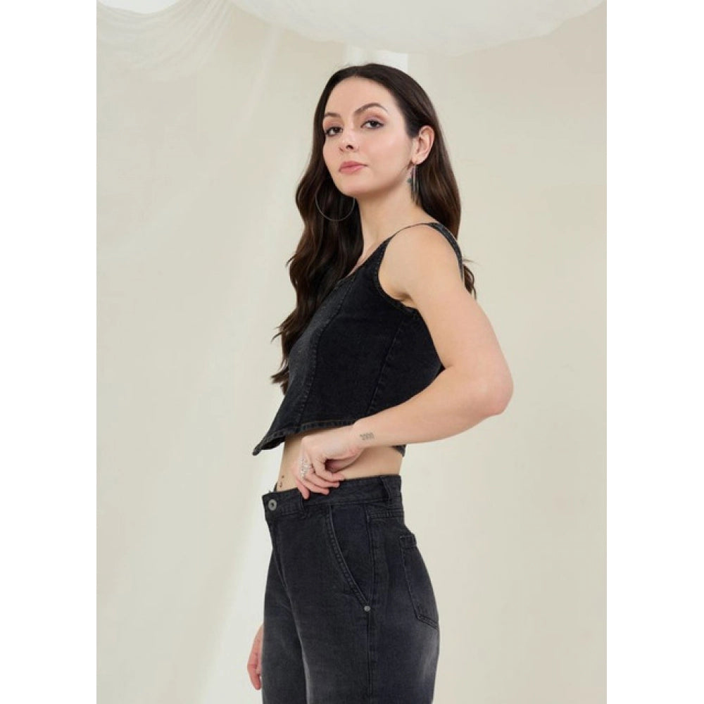 Seduva Women's Denim Lycra Solid Sleeveless Top (Black)