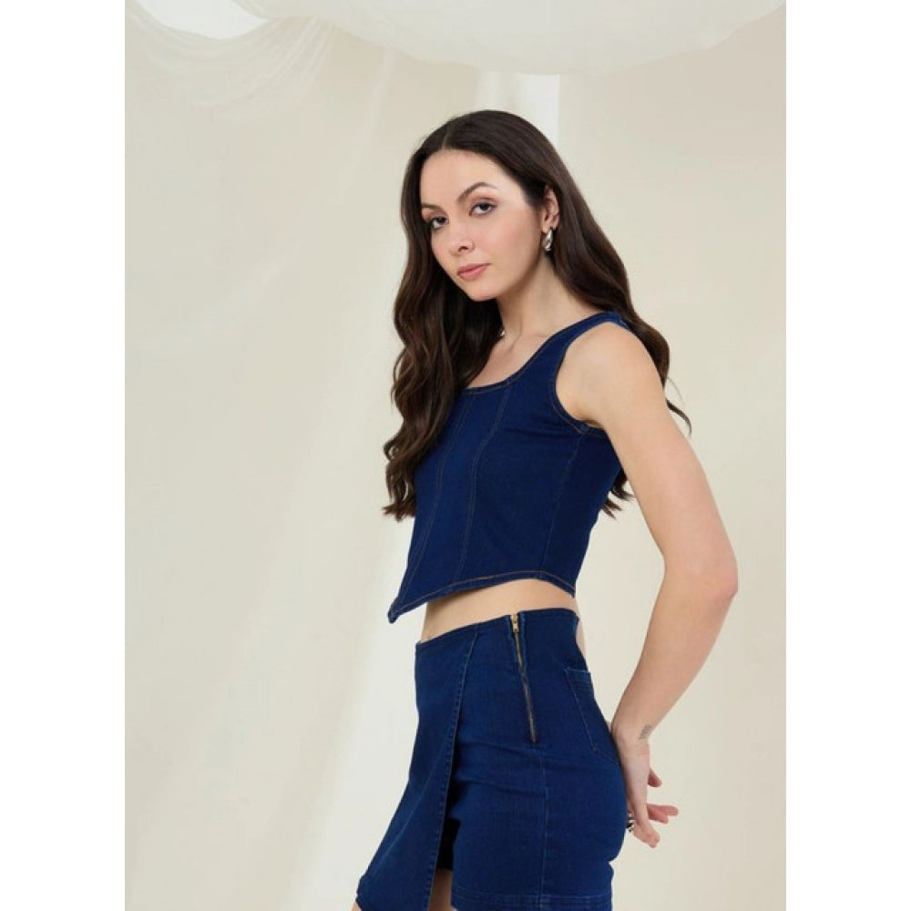 Seduva Women's Denim Lycra Solid Sleeveless Top (Blue)