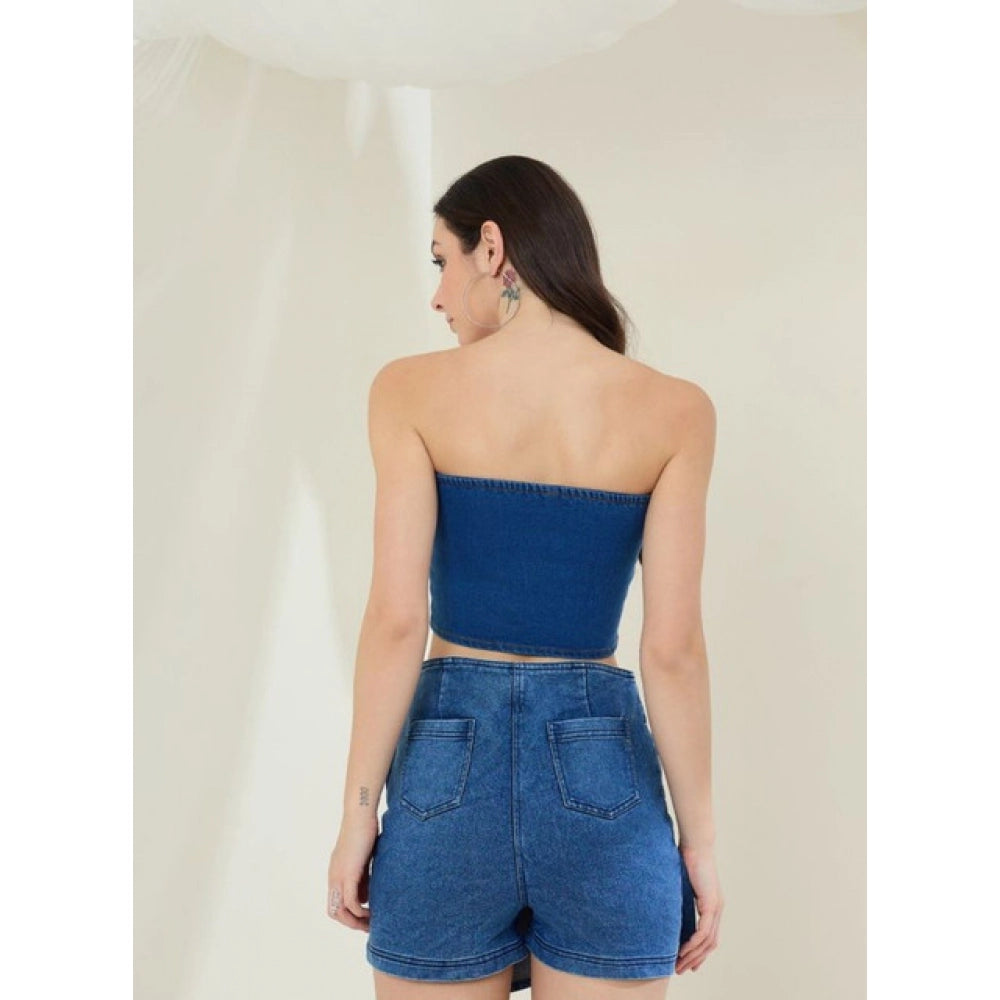 Seduva Women's Denim Lycra Solid Sleeveless Top (Blue)