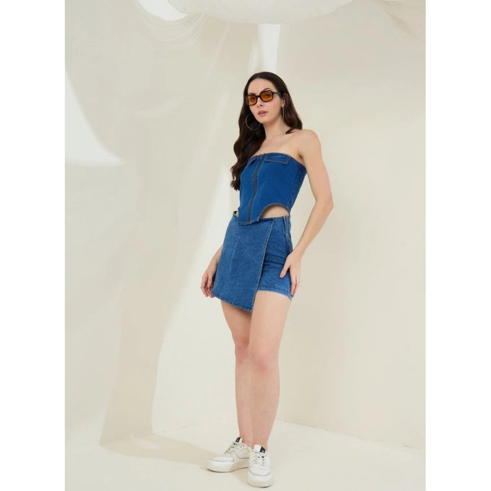 Seduva Women's Denim Lycra Solid Sleeveless Top (Blue)