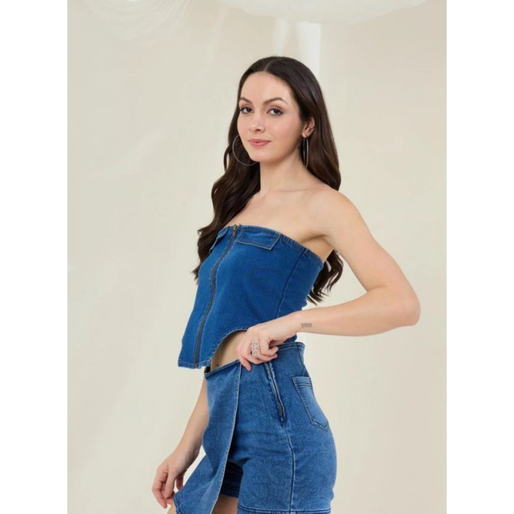 Seduva Women's Denim Lycra Solid Sleeveless Top (Blue)