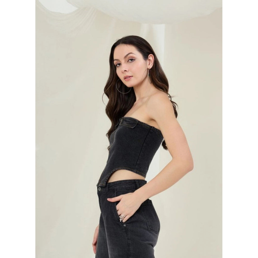 Seduva Women's Denim Lycra Solid Sleeveless Top (Black)