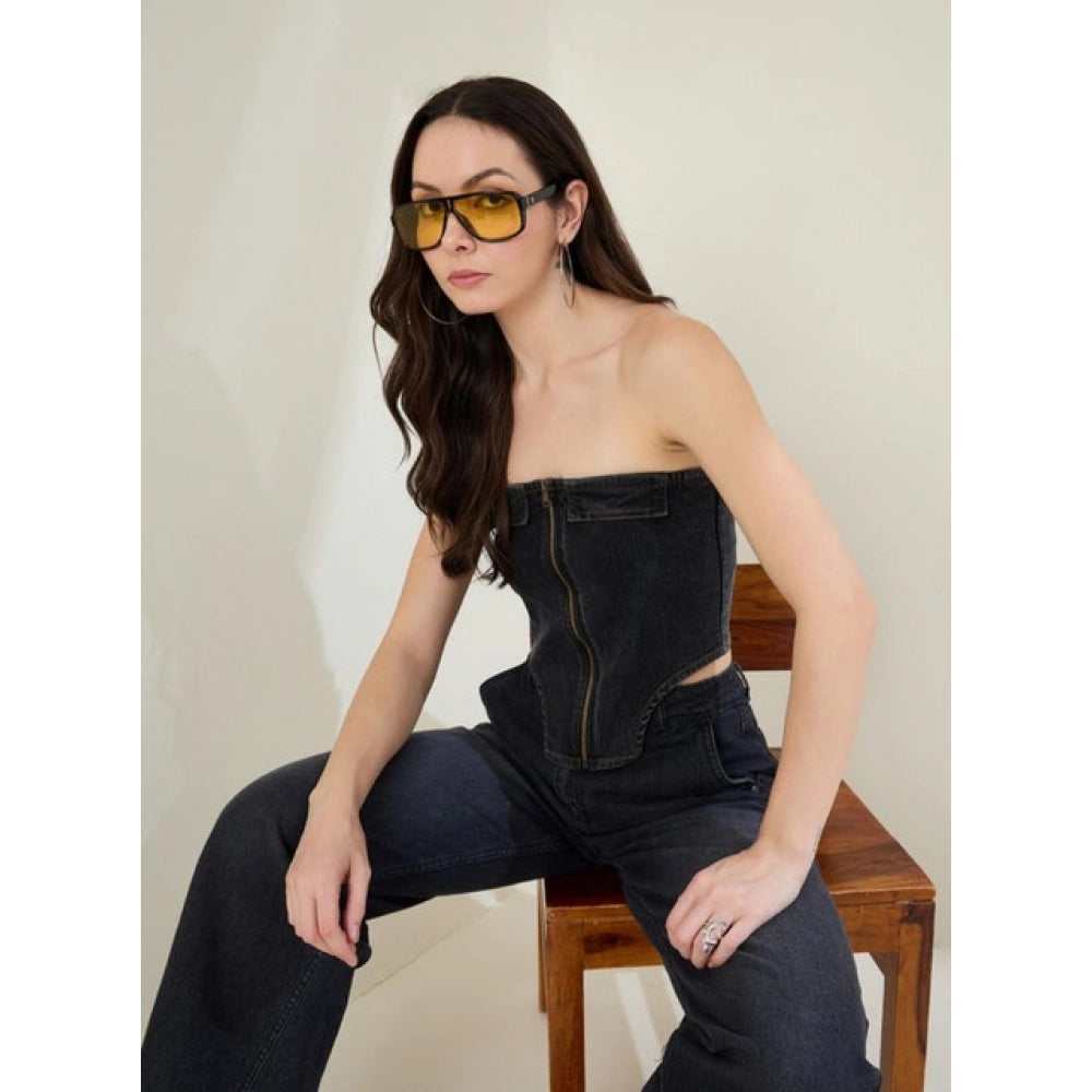 Seduva Women's Denim Lycra Solid Sleeveless Top (Black)
