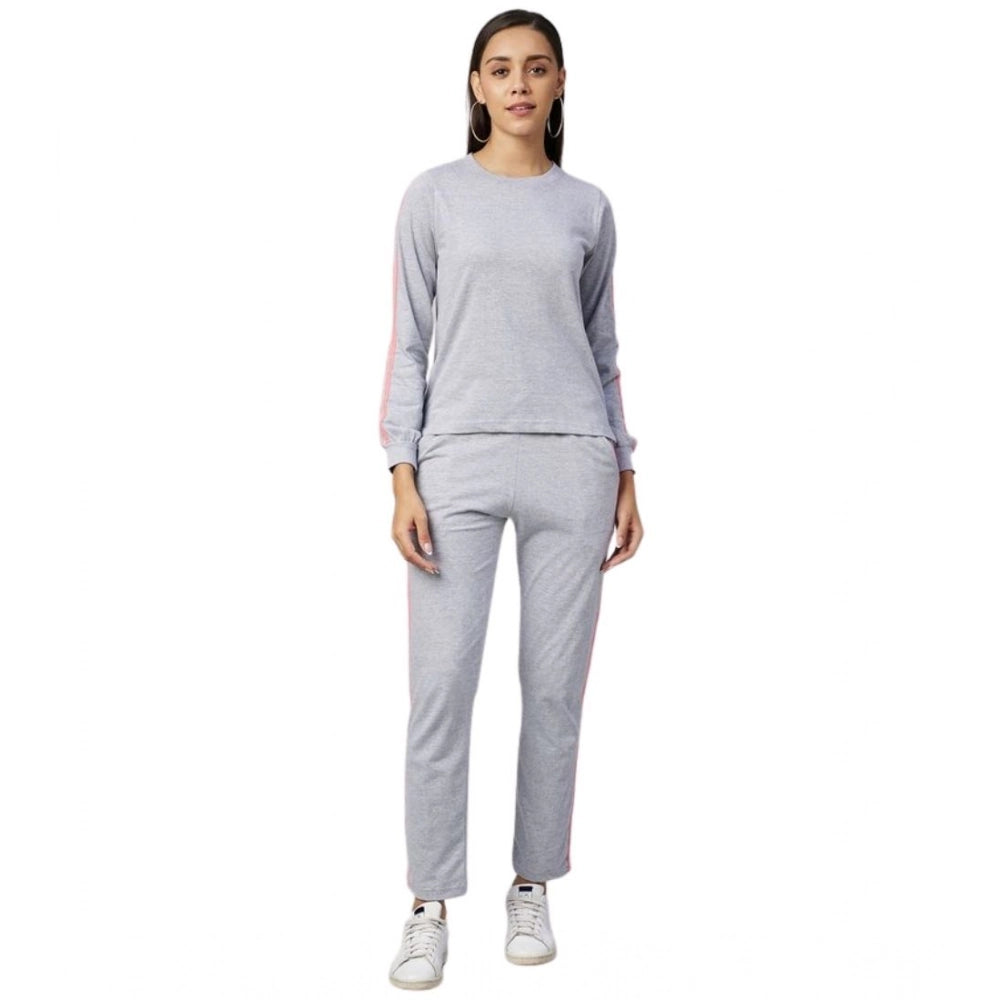 Seduva Women's Cotton Solid Long Sleeves Tracksuit (Light Grey - Pink)