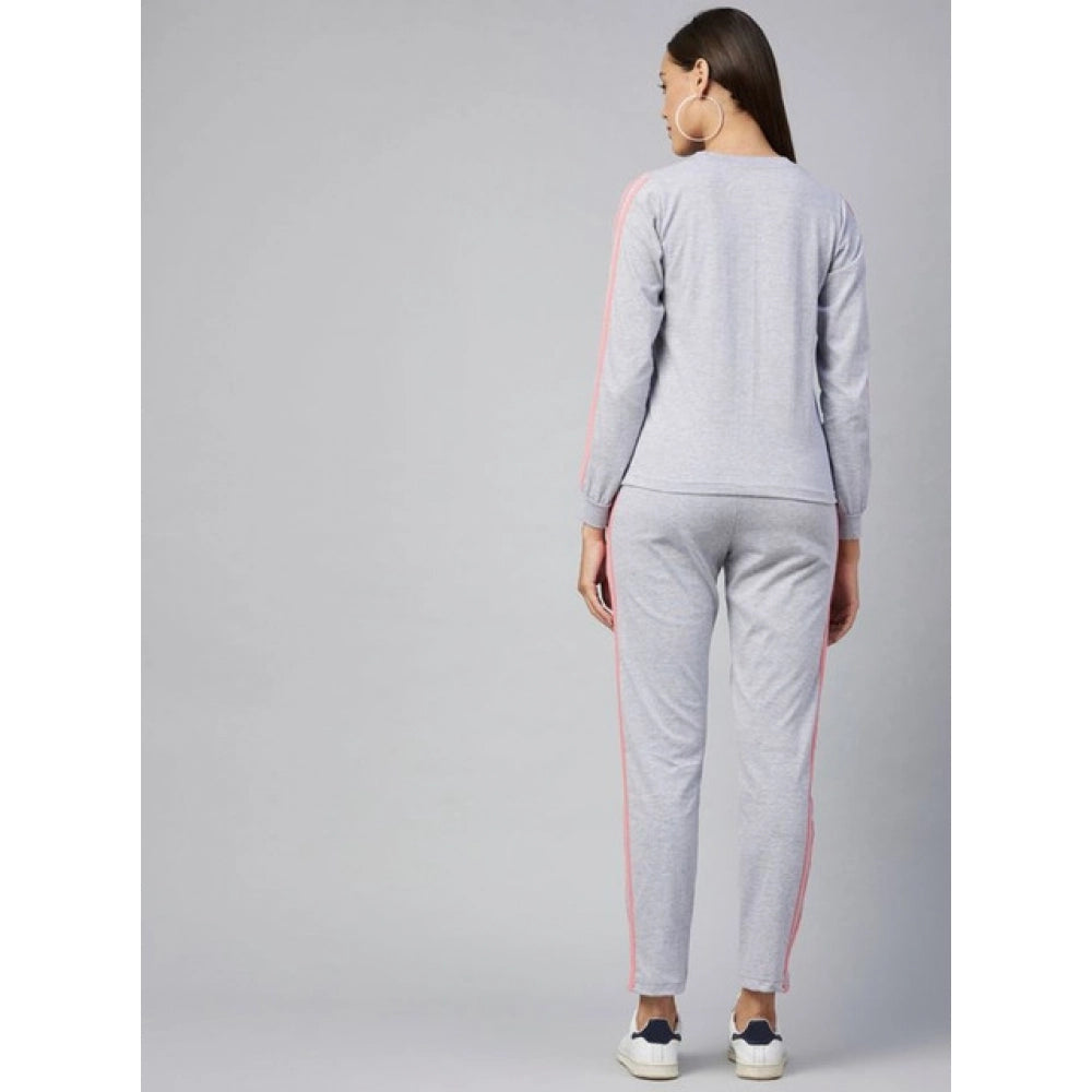 Seduva Women's Cotton Solid Long Sleeves Tracksuit (Light Grey - Pink)