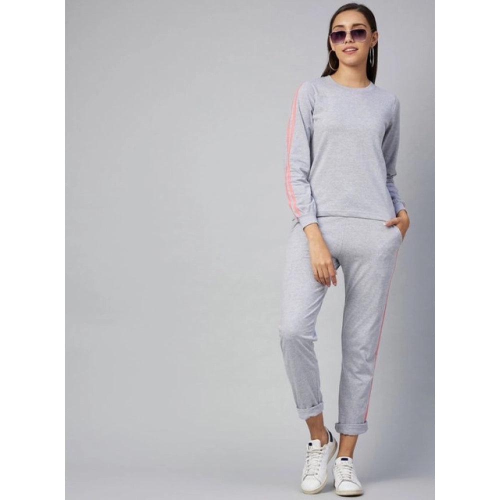 Seduva Women's Cotton Solid Long Sleeves Tracksuit (Light Grey - Pink)