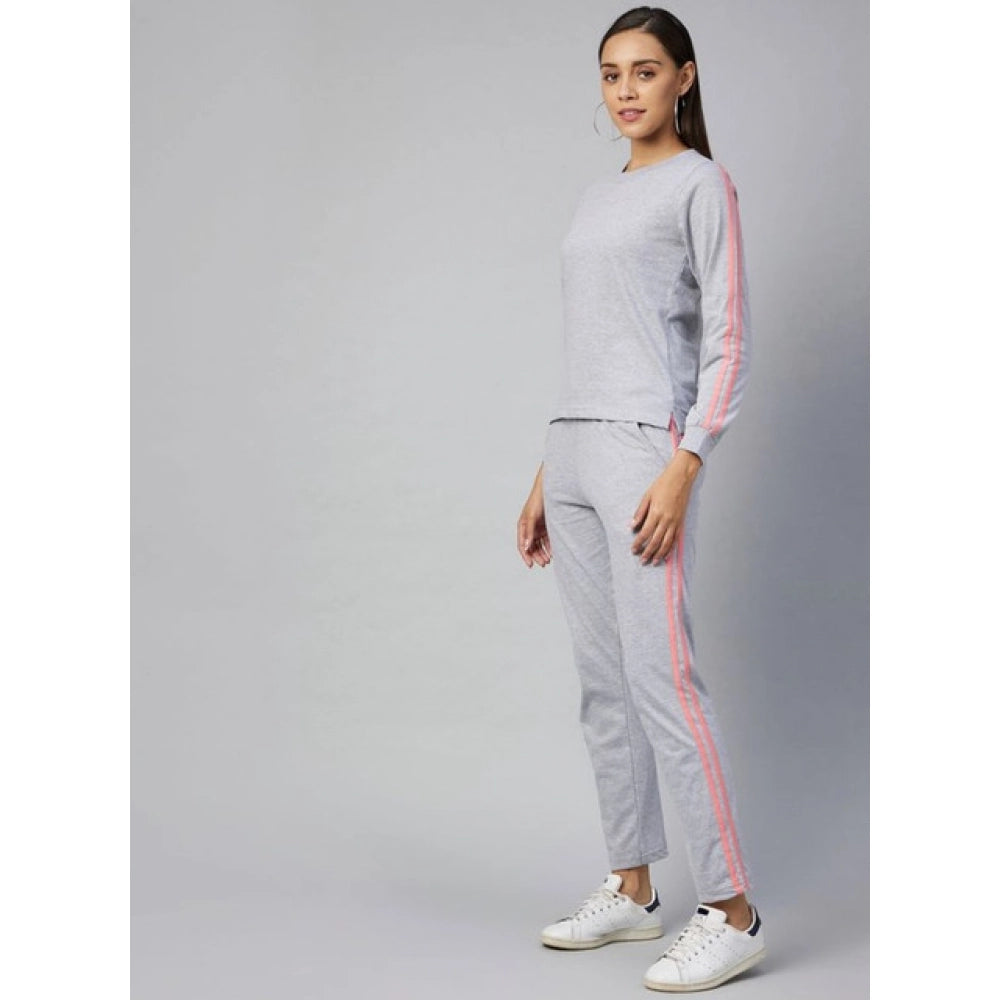 Seduva Women's Cotton Solid Long Sleeves Tracksuit (Light Grey - Pink)