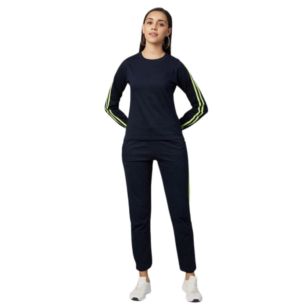 Seduva Women's Cotton Solid Long Sleeves Tracksuit (Navy - Green)