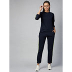 Seduva Women's Cotton Solid Long Sleeves Tracksuit (Navy - Green)