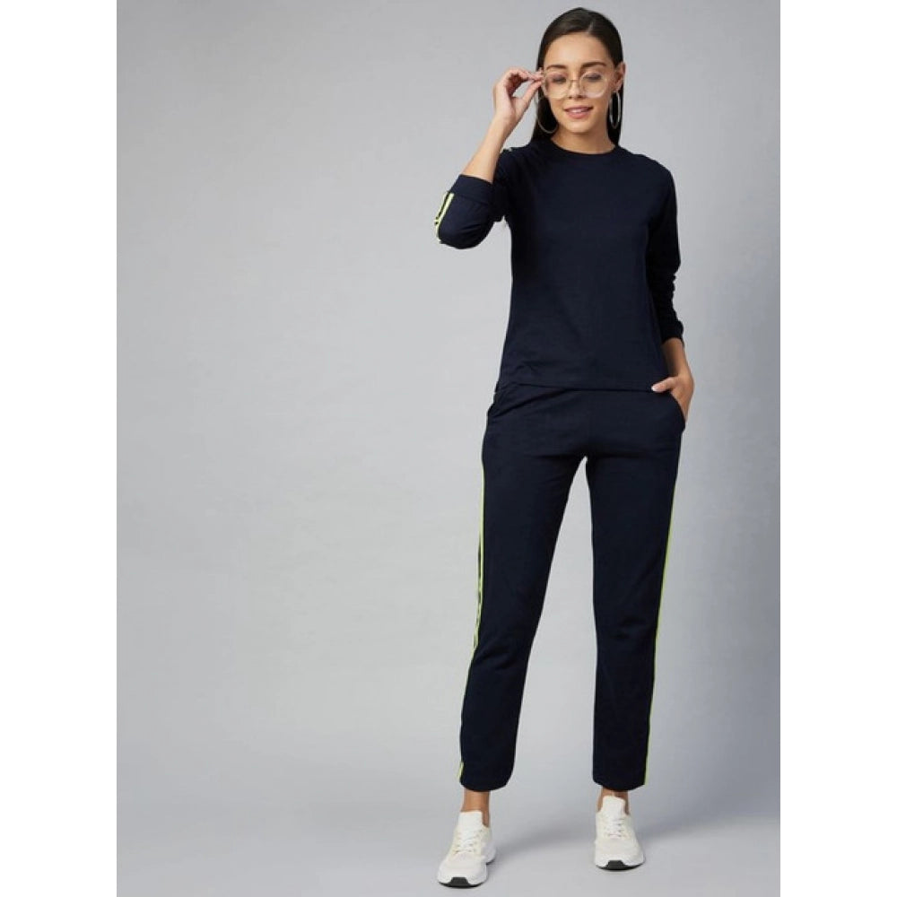Seduva Women's Cotton Solid Long Sleeves Tracksuit (Navy - Green)