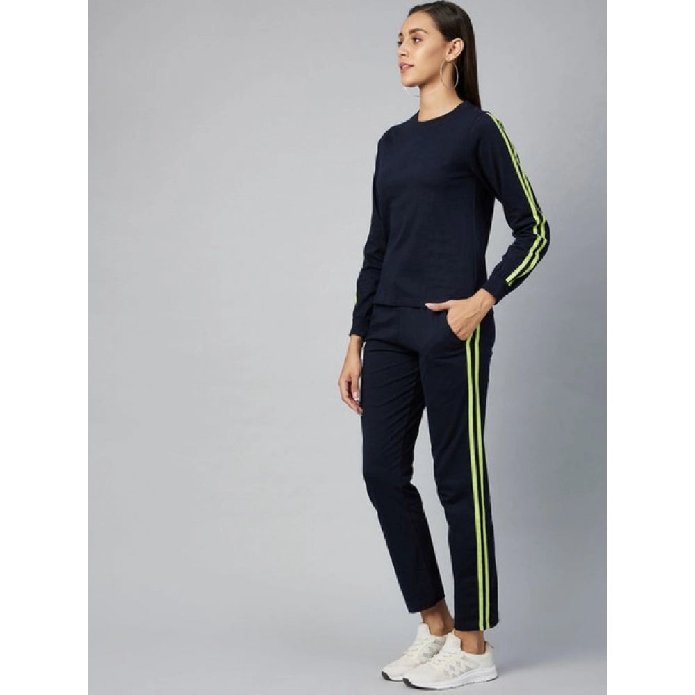 Seduva Women's Cotton Solid Long Sleeves Tracksuit (Navy - Green)