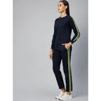 Seduva Women's Cotton Solid Long Sleeves Tracksuit (Navy - Green)