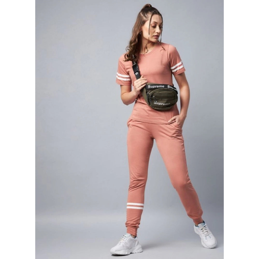 Seduva Women's Cotton Striped Short Sleeve Tracksuit (Pink)