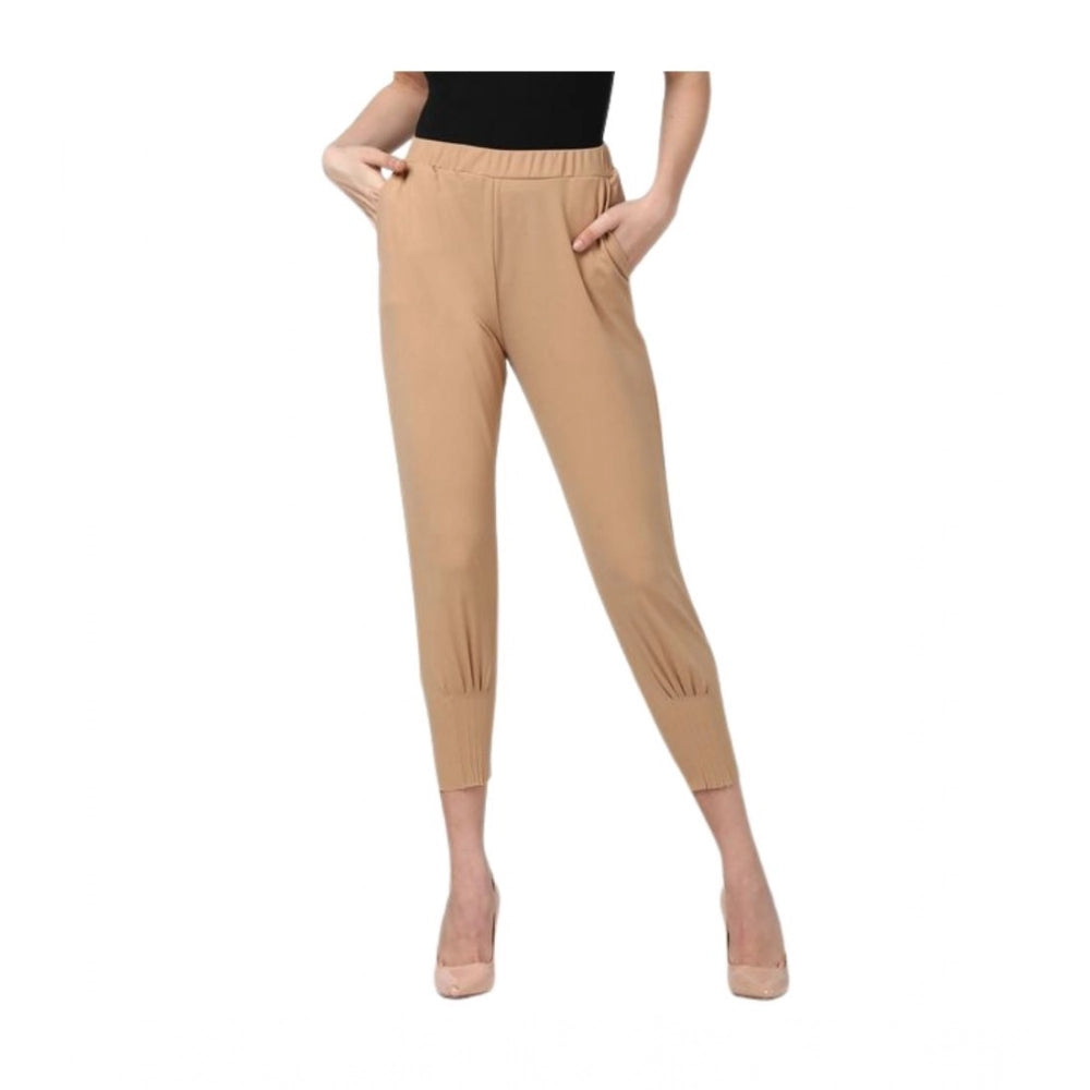 Seduva Women's Polyester Solid Elasticated Trousers (Beige)