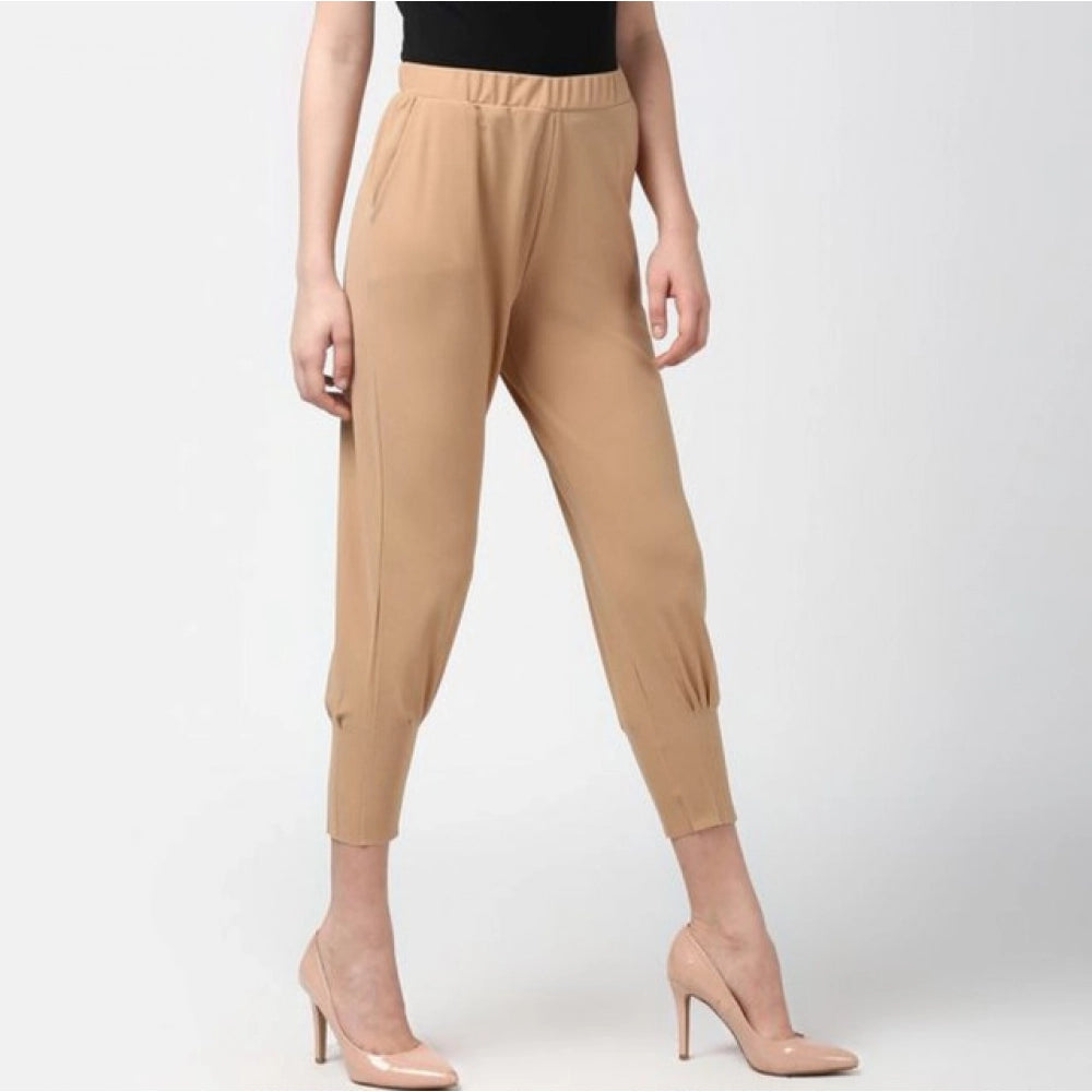 Seduva Women's Polyester Solid Elasticated Trousers (Beige)