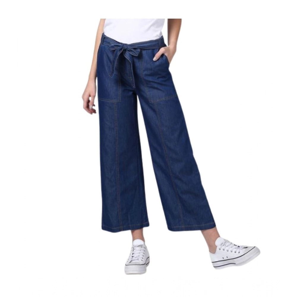 Seduva Women's Denim Solid Elasticated Trousers (Blue)