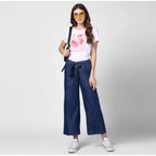 Seduva Women's Denim Solid Elasticated Trousers (Blue)