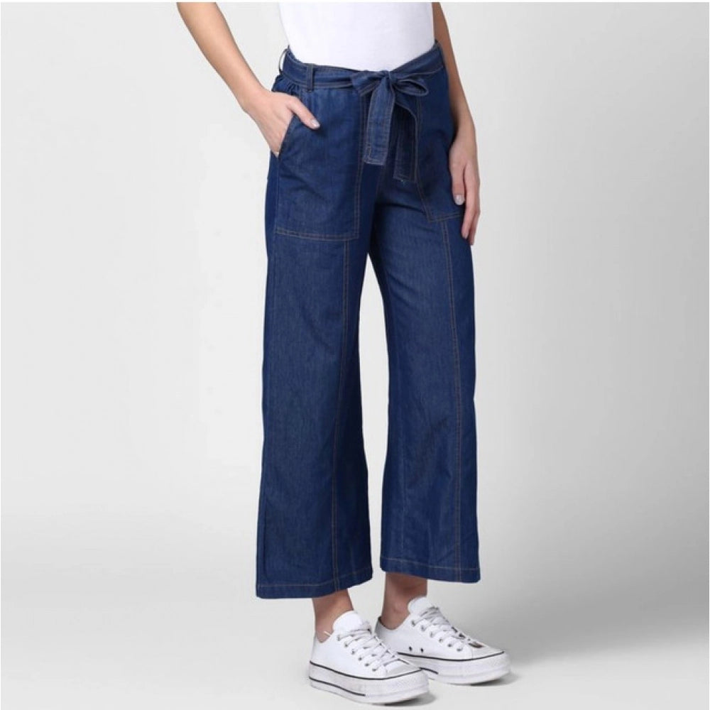 Seduva Women's Denim Solid Elasticated Trousers (Blue)