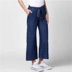 Seduva Women's Denim Solid Elasticated Trousers (Blue)