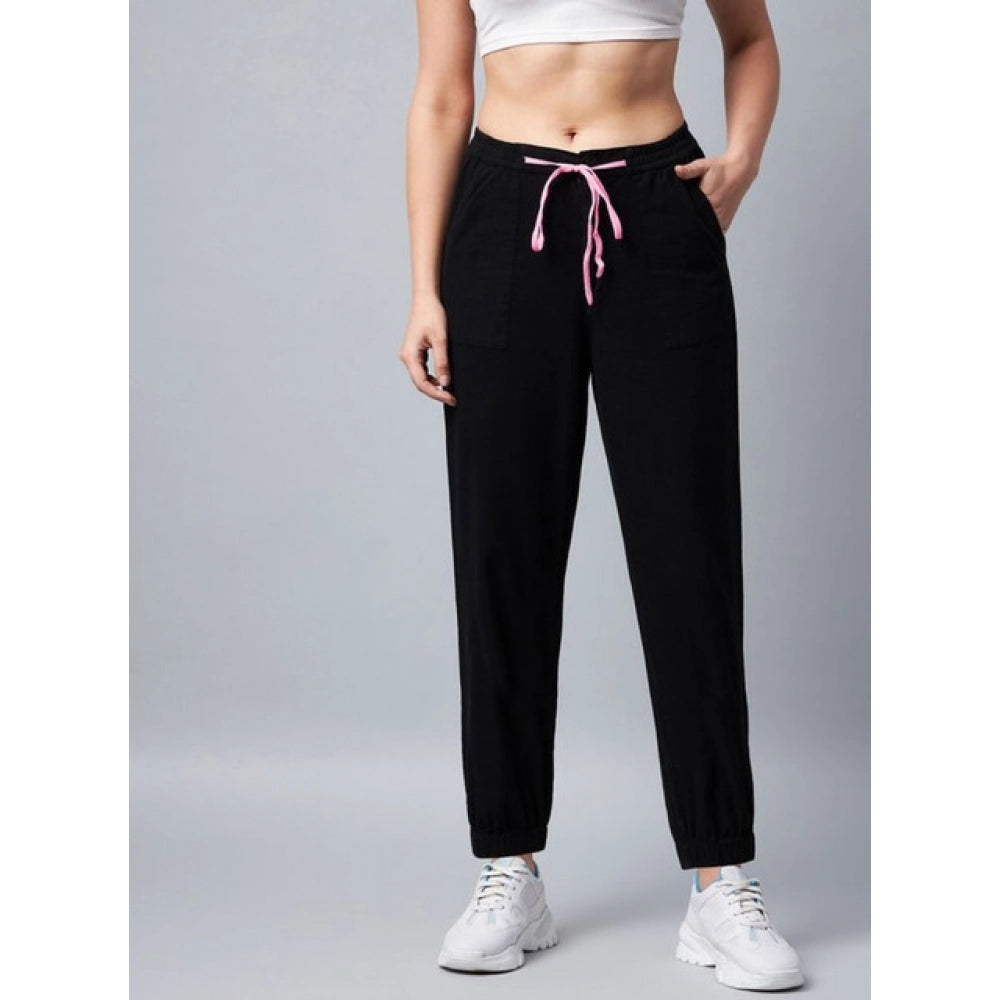 Seduva Women's Cotton Twill Solid Elasticated Trousers (Black)