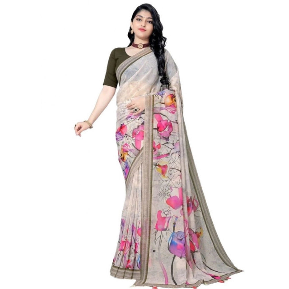Seduva Women's Georgette Floral Printed Saree With Unstitched Blouse 5.5Mtr (Beige)