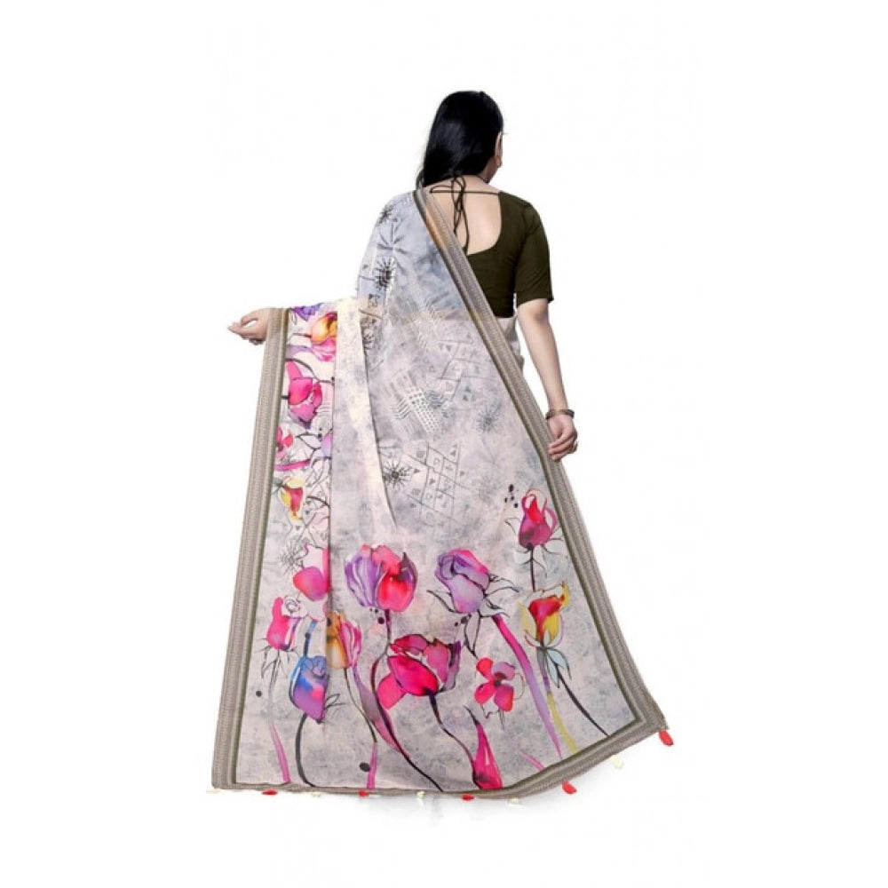 Seduva Women's Georgette Floral Printed Saree With Unstitched Blouse 5.5Mtr (Beige)
