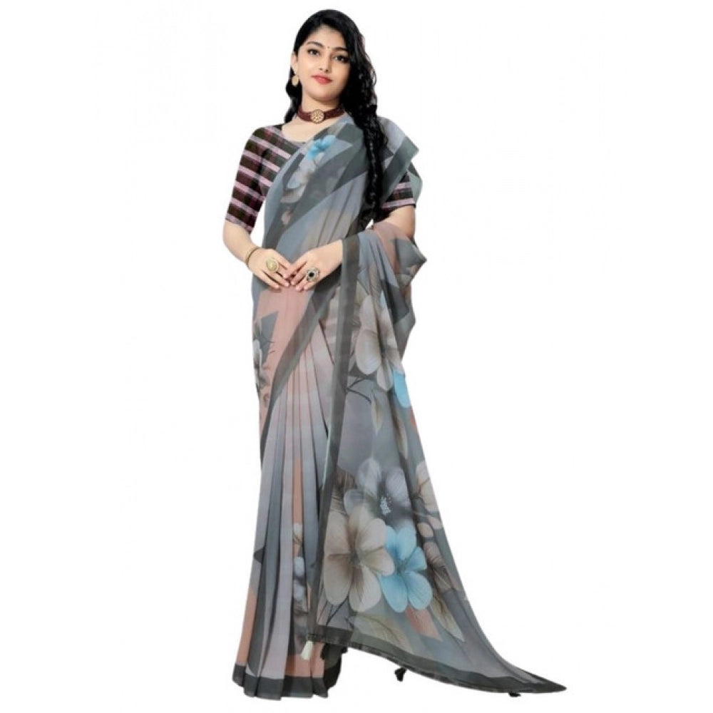 Seduva Women's Georgette Floral Printed Saree With Unstitched Blouse 5.5Mtr (Grey)