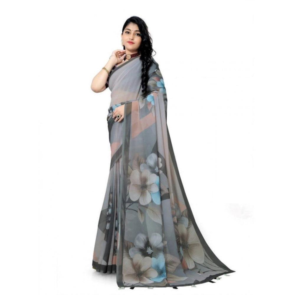 Seduva Women's Georgette Floral Printed Saree With Unstitched Blouse 5.5Mtr (Grey)