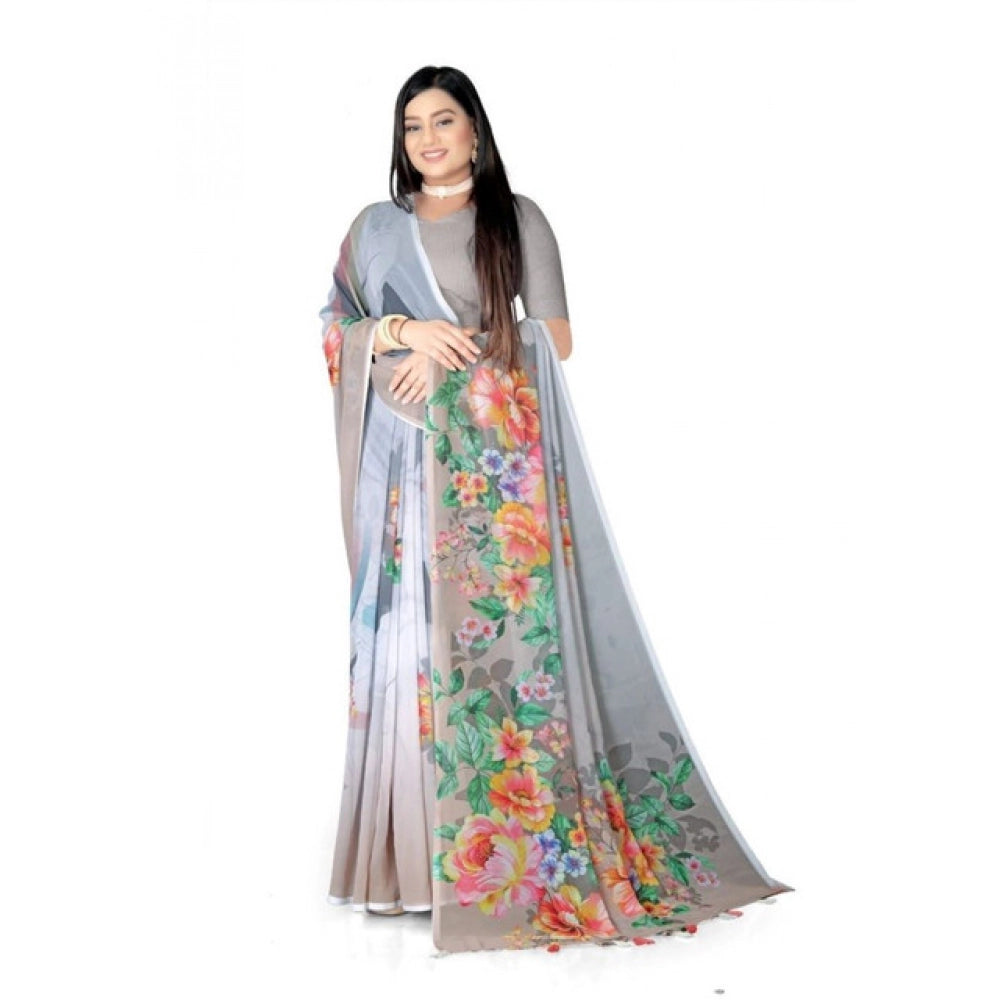 Seduva Women's Georgette Floral Printed Saree With Unstitched Blouse 5.5Mtr (Grey)