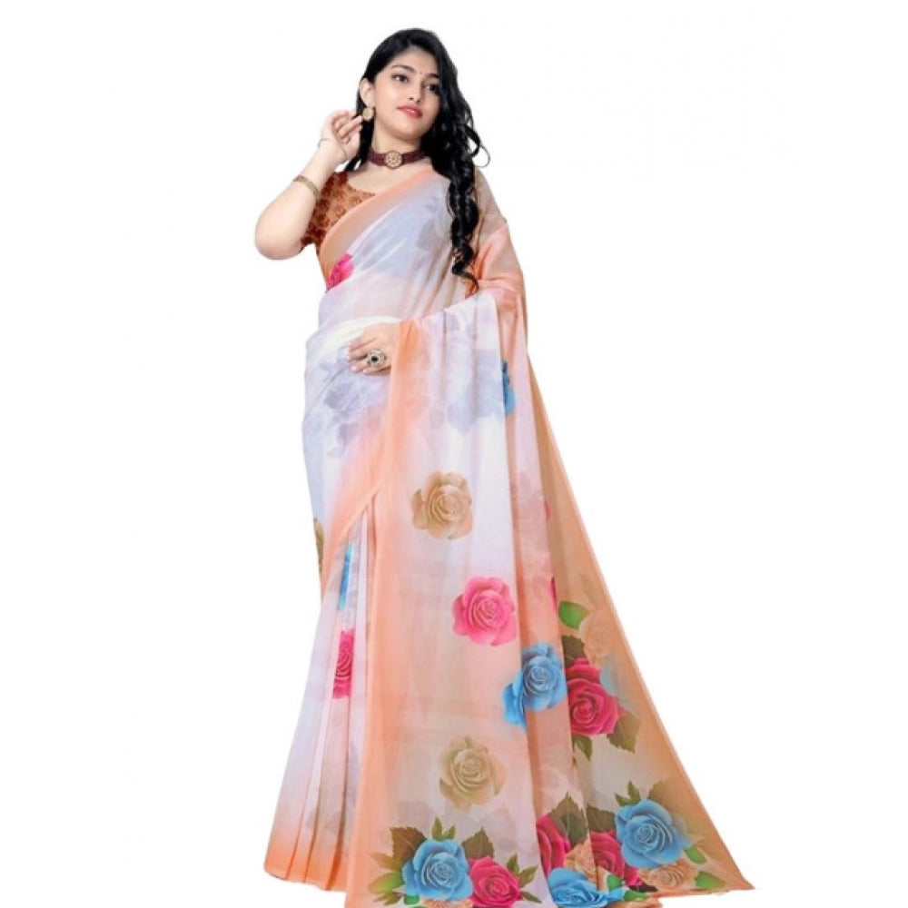Seduva Women's Georgette Floral Printed Saree With Unstitched Blouse 5.5Mtr (Orange)