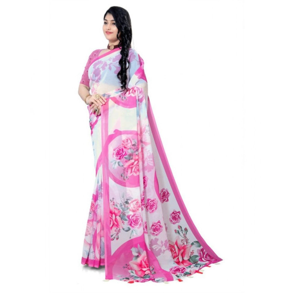 Seduva Women's Georgette Floral Printed Saree With Unstitched Blouse 5.5Mtr (Pink)