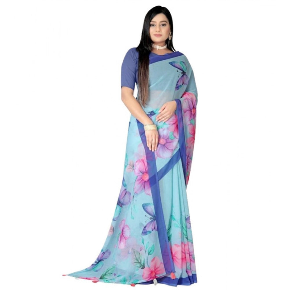 Seduva Women's Georgette Floral Printed Saree With Unstitched Blouse 5.5Mtr (Blue)