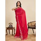 Seduva Women's Georgette Printed Saree With Unstitched Blouse 5.5Mtr (Red)