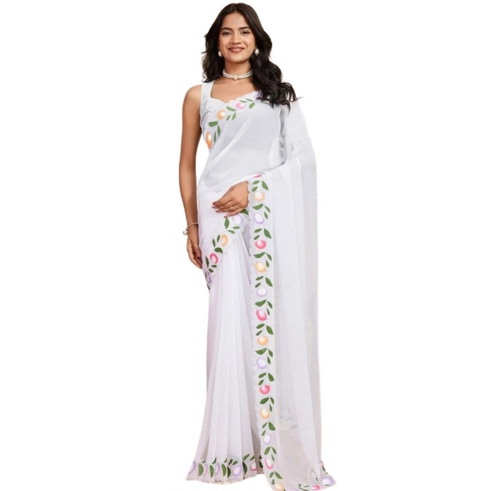 Seduva Women's Georgette Printed Saree With Unstitched Blouse 5.5Mtr (White)