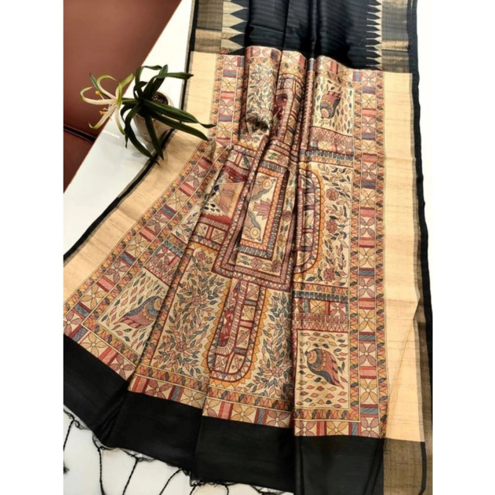 Seduva Women's Tussar Silk Madhubani Saree With Unstitched Blouse 5.5Mtr (Black)