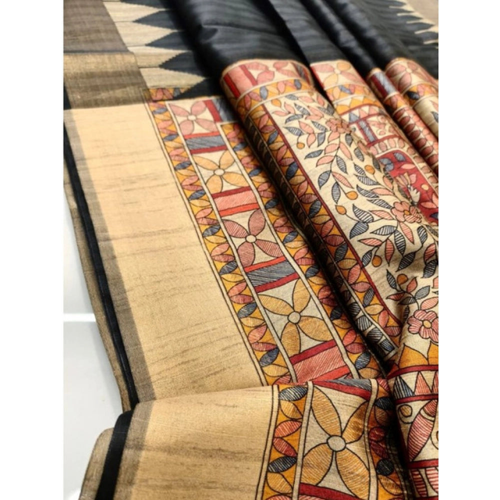 Seduva Women's Tussar Silk Madhubani Saree With Unstitched Blouse 5.5Mtr (Black)