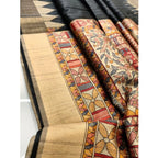 Seduva Women's Tussar Silk Madhubani Saree With Unstitched Blouse 5.5Mtr (Black)