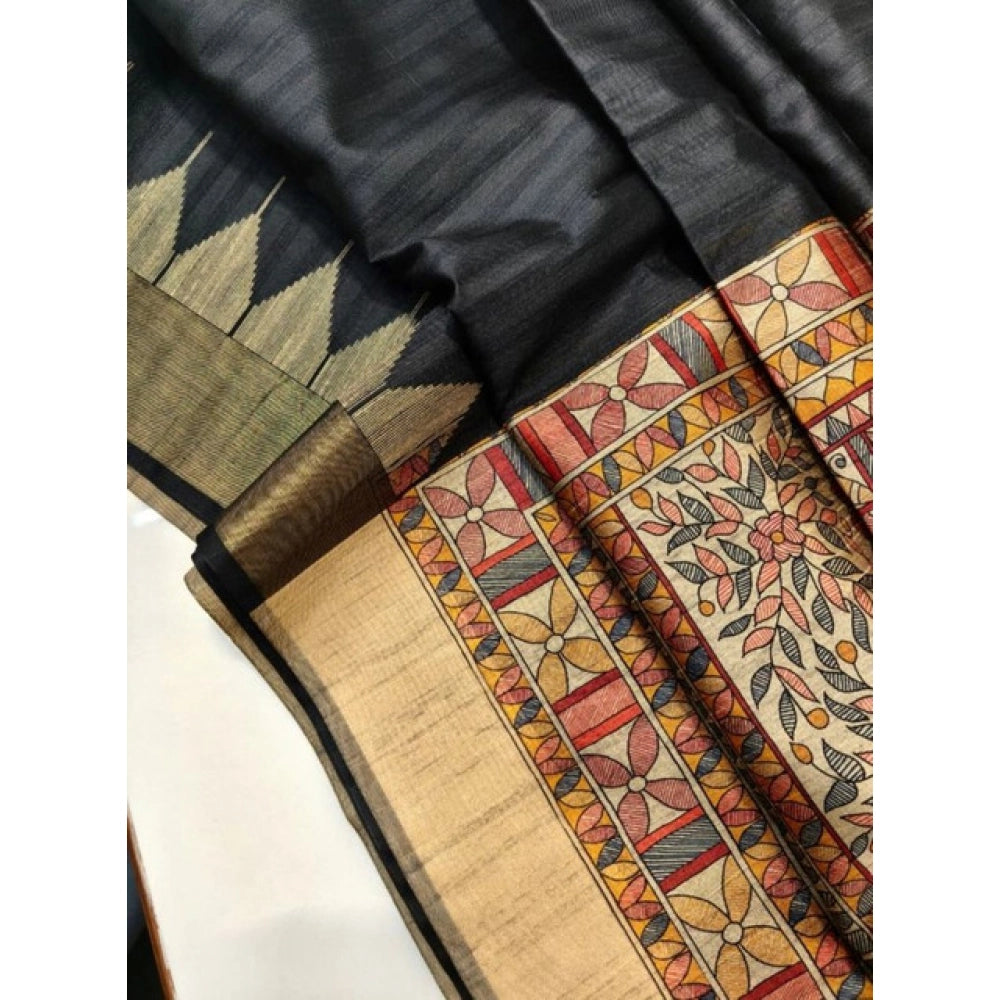 Seduva Women's Tussar Silk Madhubani Saree With Unstitched Blouse 5.5Mtr (Black)