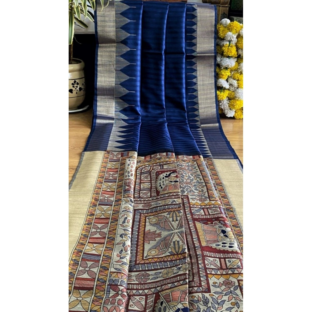 Seduva Women's Tussar Silk Madhubani Saree With Unstitched Blouse 5.5Mtr (Blue)