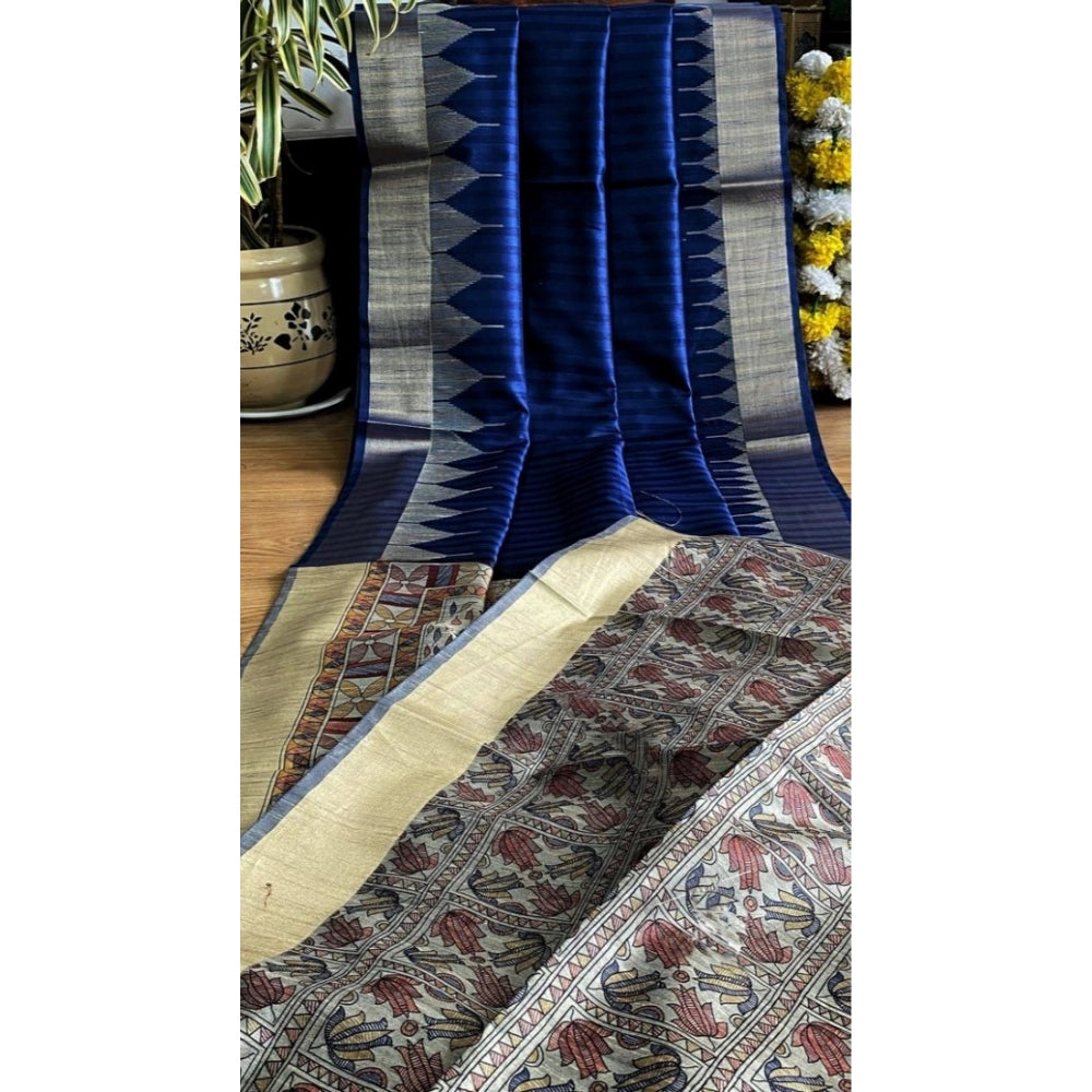 Seduva Women's Tussar Silk Madhubani Saree With Unstitched Blouse 5.5Mtr (Blue)