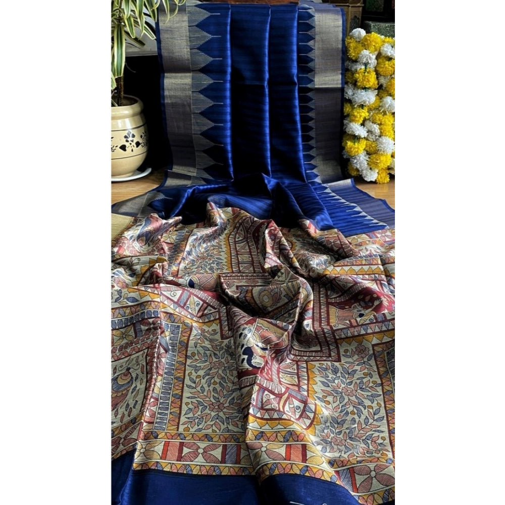 Seduva Women's Tussar Silk Madhubani Saree With Unstitched Blouse 5.5Mtr (Blue)
