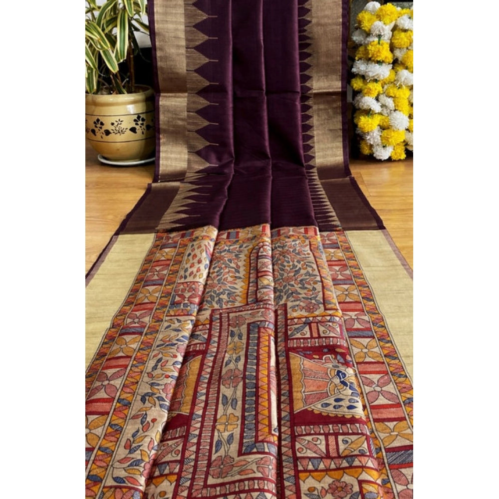 Seduva Women's Tussar Silk Madhubani Saree With Unstitched Blouse 5.5Mtr (Coffee)