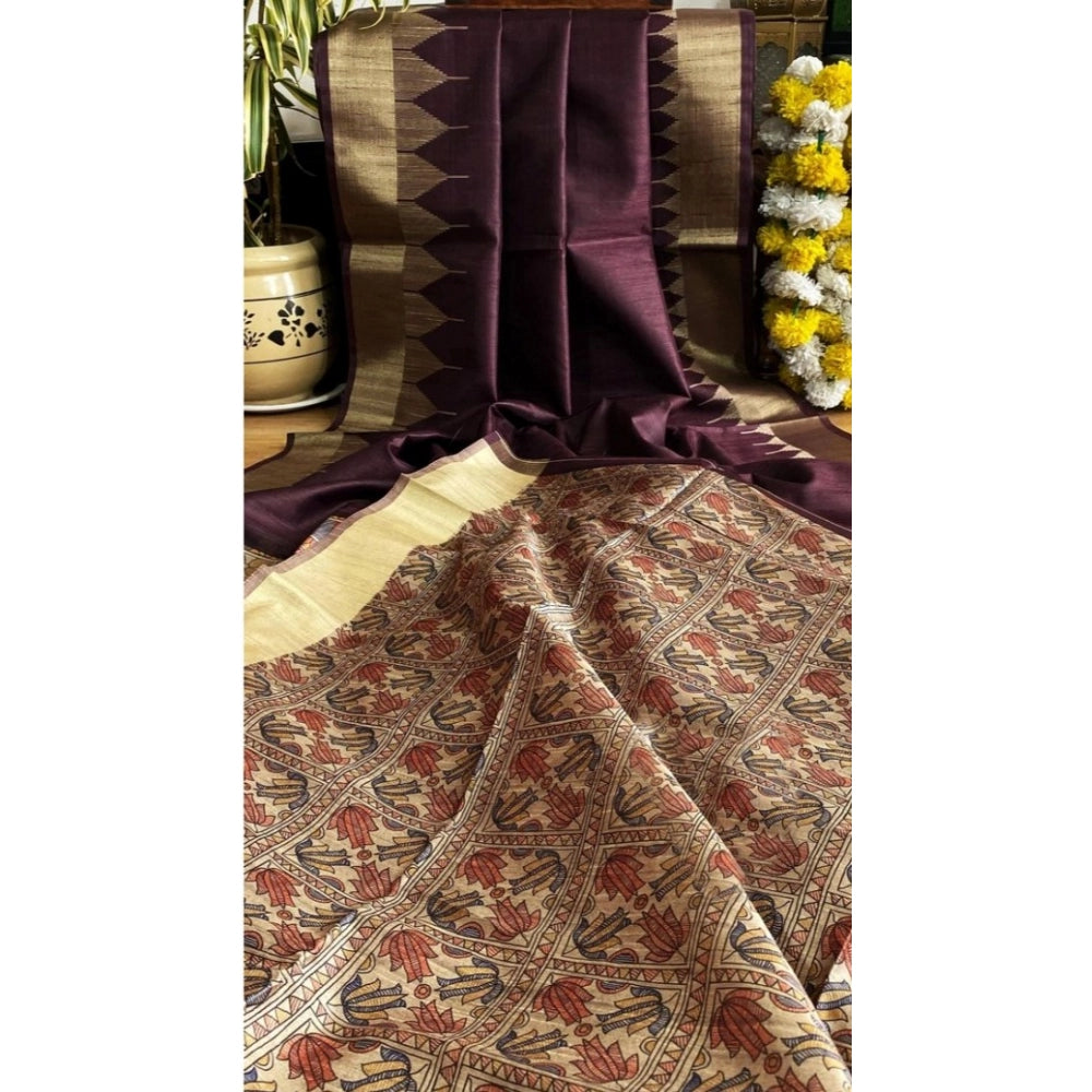 Seduva Women's Tussar Silk Madhubani Saree With Unstitched Blouse 5.5Mtr (Coffee)