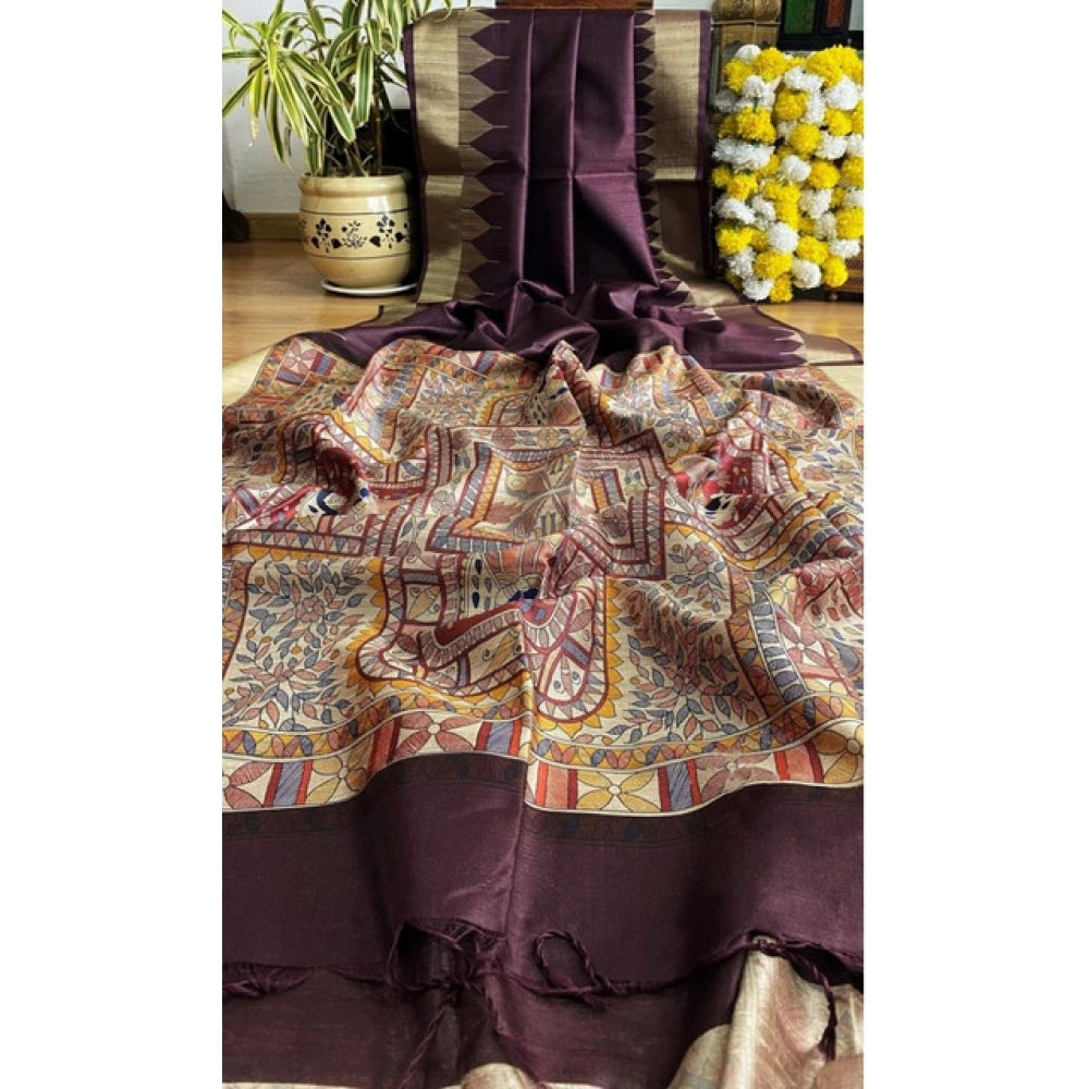Seduva Women's Tussar Silk Madhubani Saree With Unstitched Blouse 5.5Mtr (Coffee)