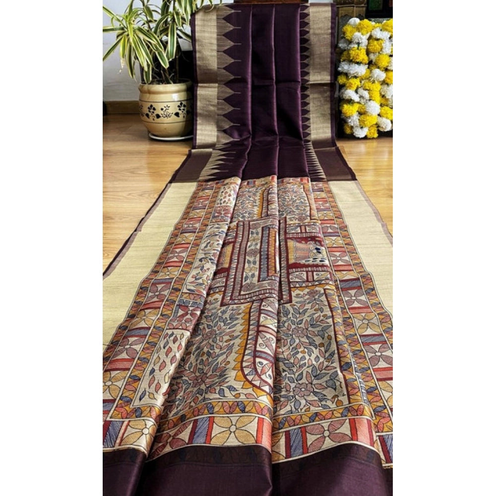 Seduva Women's Tussar Silk Madhubani Saree With Unstitched Blouse 5.5Mtr (Coffee)